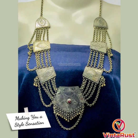 Vintage Silver Kuchi Boho Necklace, Multilayers Chain Bib Necklace - Picture 2 of 7